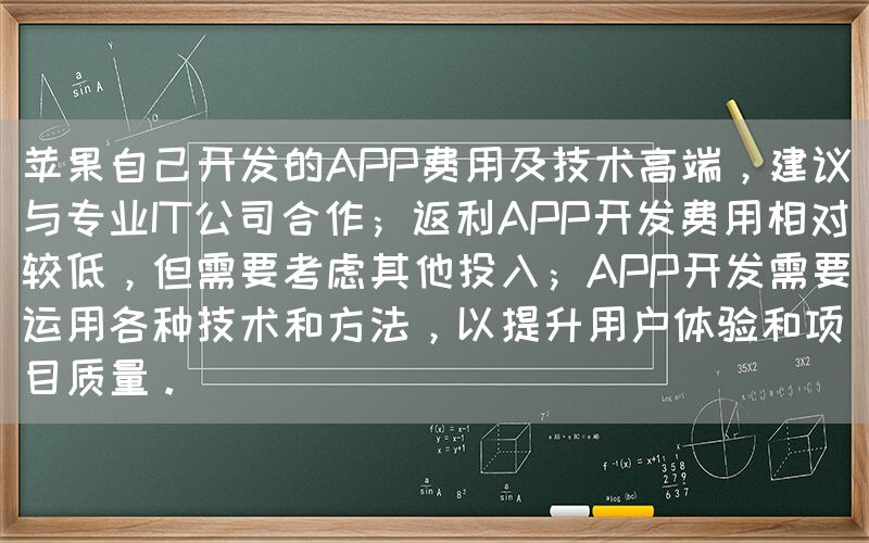 苹果自己开发的APP费用及技术高端，建议与专业IT公司合作；返利APP开发费用相对较低，但需要考虑其他投入；APP开发需要运用各种技术和方法，以提升用户体验和项目质量。